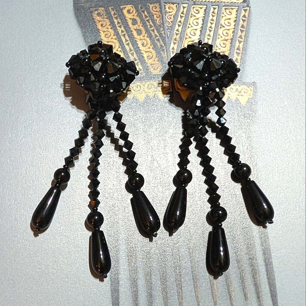 VTG French Jet Shoulder Brusher Earrings 3.5" !!! - Picture 5 of 7